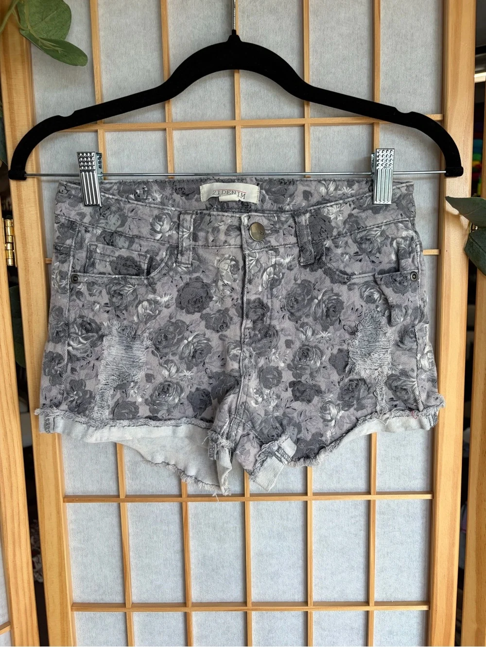 2.1 Denim Gray Floral Distressed Jean Shorts